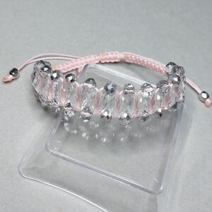 Pink Woven Clear Metallic Crystal Beads Adjustable Bracelet